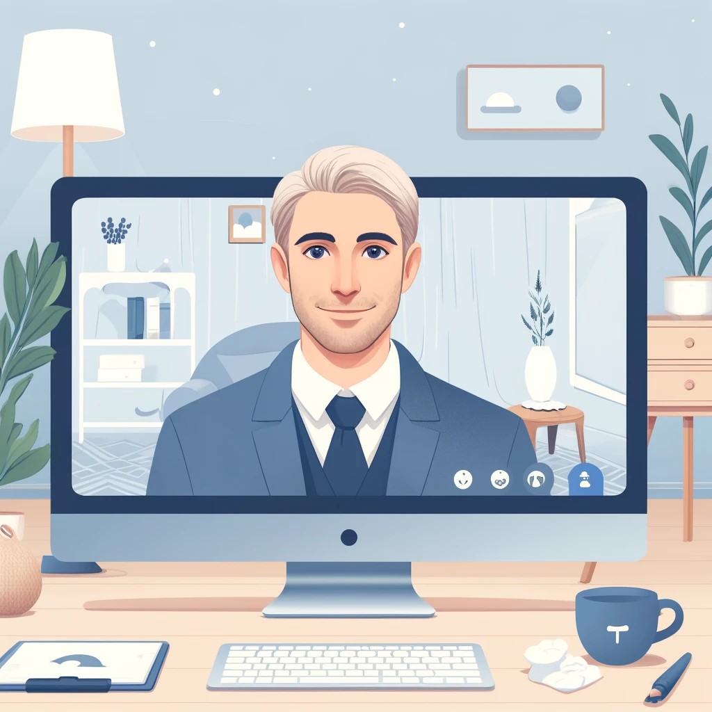 KI-generert illustrasjon av en dataskjerm med vennlig mann henvendt mot betrakteren