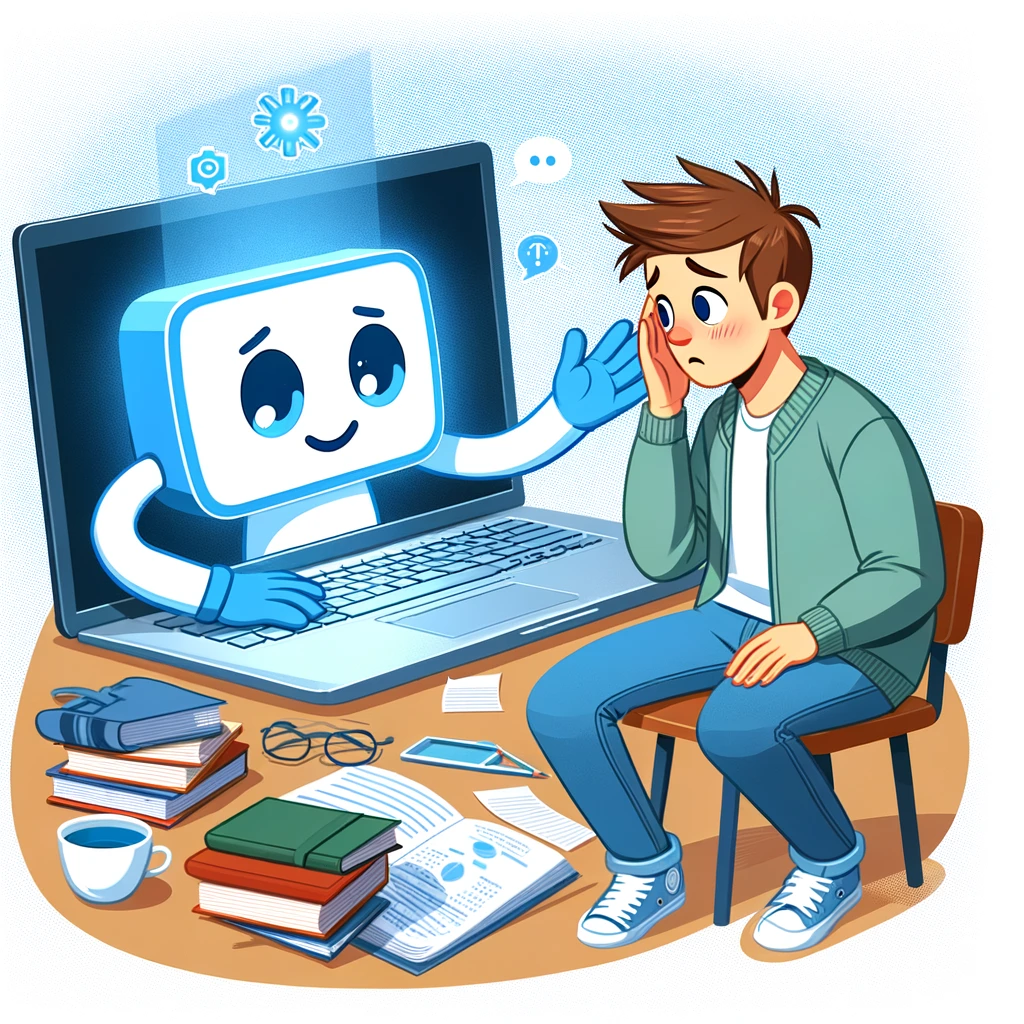 KI-generert illustrasjon som viser et personifisert dataprogram som hjelper en stresset ungdom