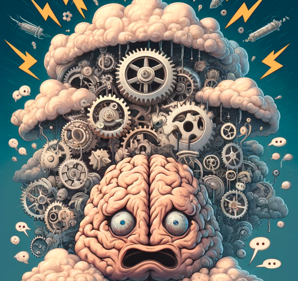 KI-illustrasjon som viser en overarbeidet hjerne, overveldet av overtenking, med et sorgmodig uttrykk.