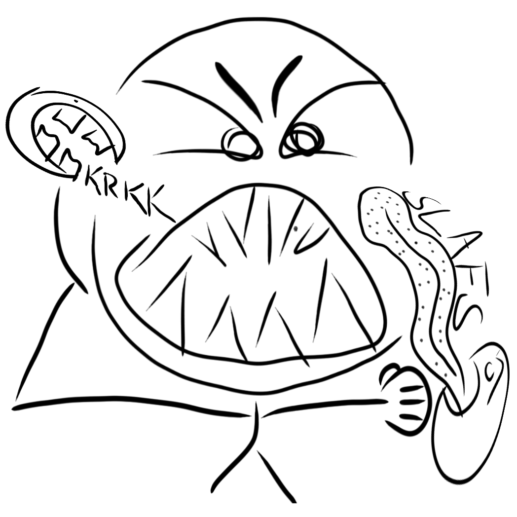 Misofoni illustrert med en strekmann med rasende munn og øyne som har en tunge inn mot høyre øre og en munn inn mot venstre øre med påskriften "slafs" og "krkk".