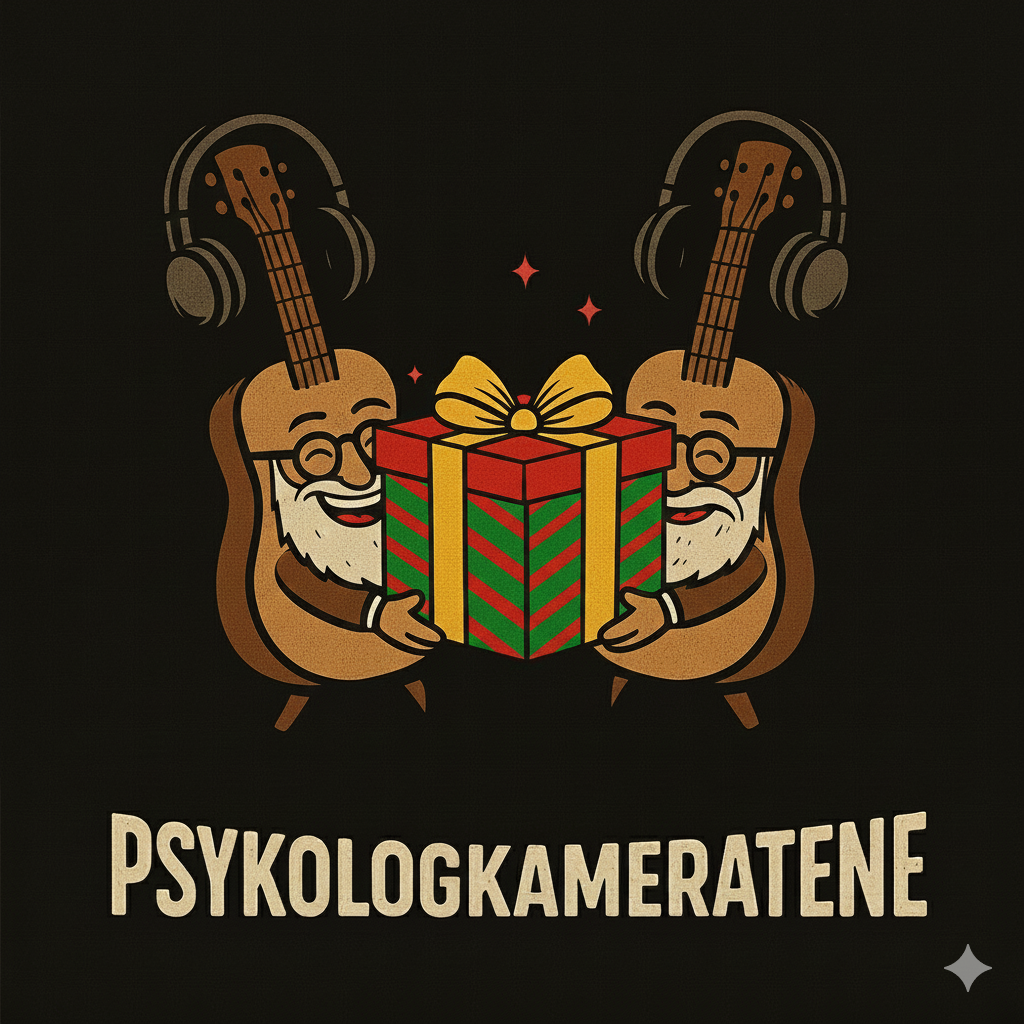 Gavepsykologi illustrert med to gitarlignende figurer som holder en eske innpakket i gavepapir