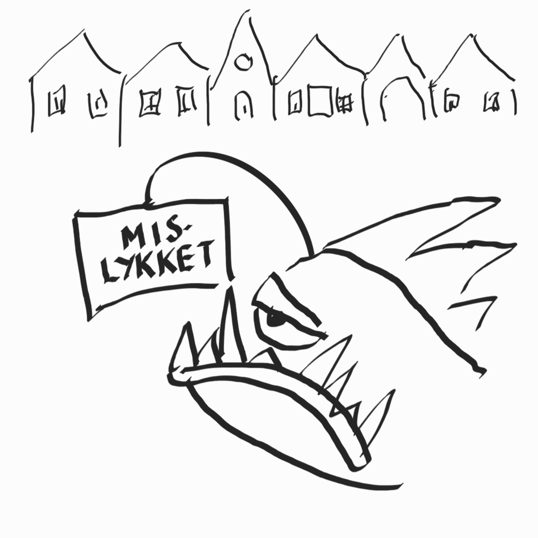 Behandling av depresjon i Bergen illustrert med strektegning av en ulykkelig utseende breiflabb som ser en lapp med påskriften "mislykket". I bakgrunnen den karakteristiske husrekken på Bryggen.