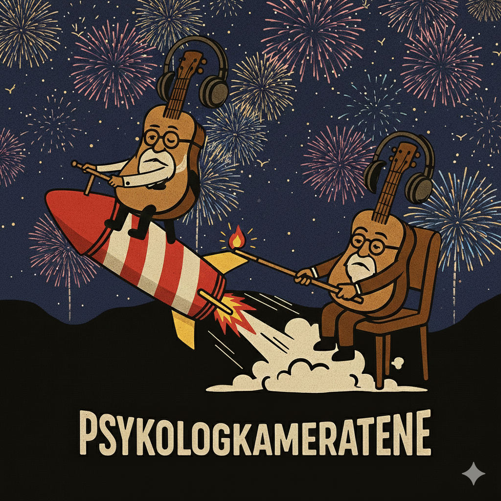 Nyttårsforsetter illustrert med to figurer hvor den ene sitter på en rnyttårsrakett og den andre skyter den av gårde