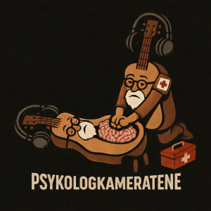 Psykologisk førstehjelp illustrert med en figur som gir hjertekompresjoner på en annen figurs hjerne.