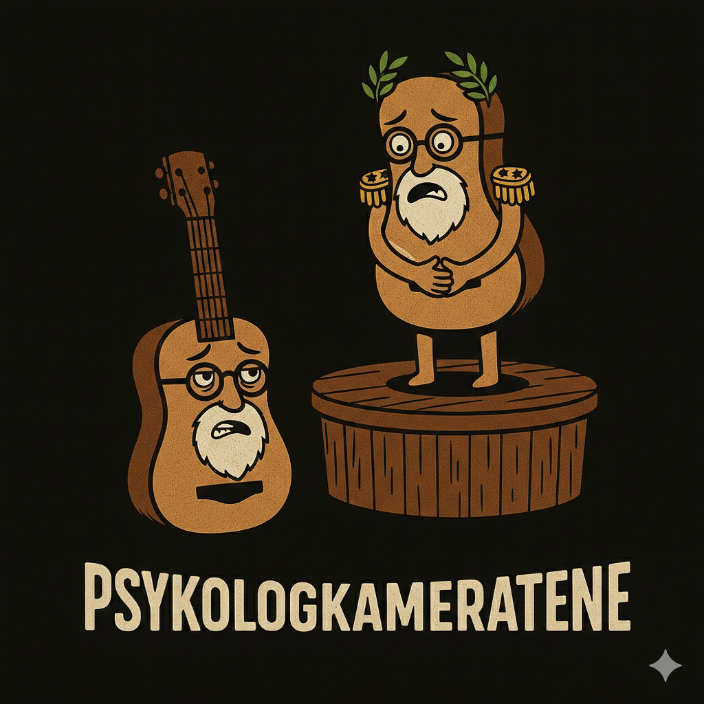 Imposter syndrom illustrert med en figur som står naken på et podium med laubærkrans på hodet