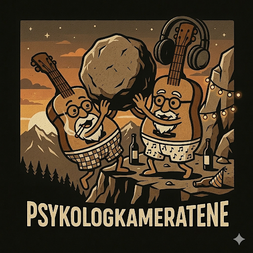 Illustrasjon av guttastemning med to figurer i partystemning som kaster en stor stein utfor et fjell.